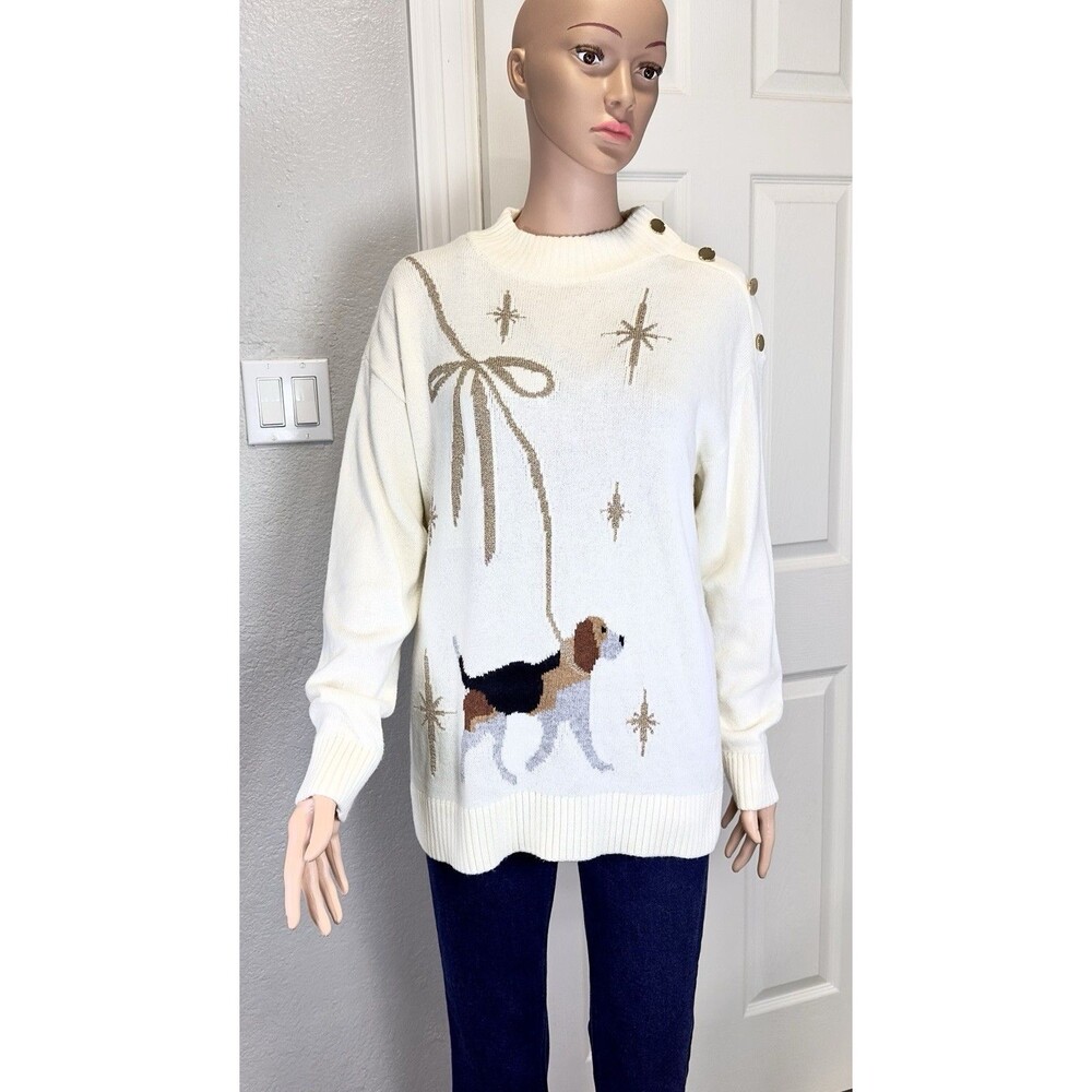 Talbots Women’s L Ivory Beagle Dog Bow Metallic Gold Button Sweater NWT